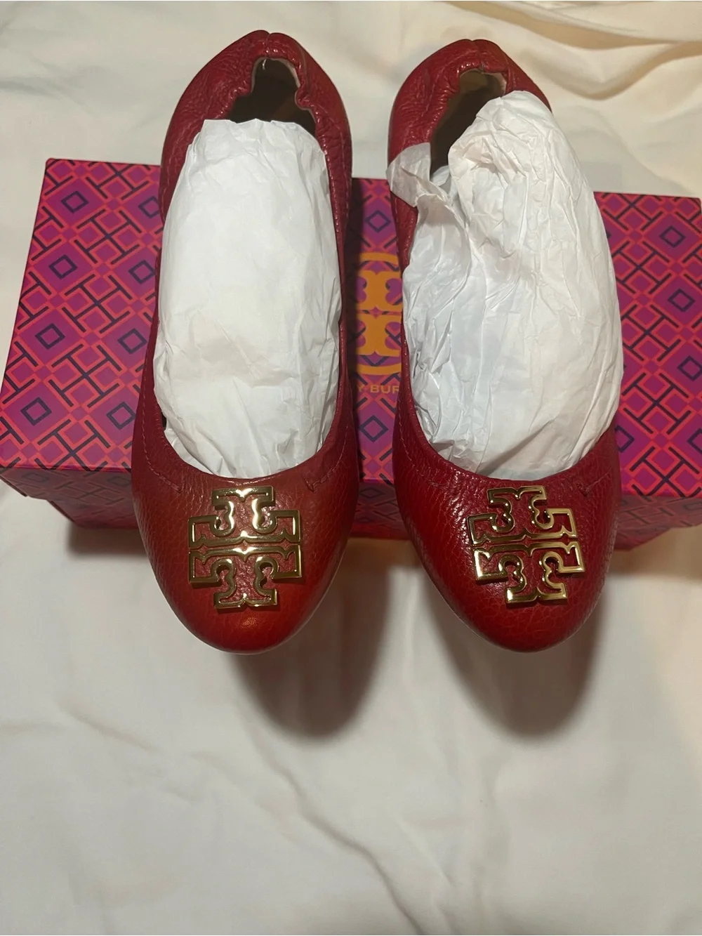 Tory Burch Red (Cerise) Leather Logo Melinda Ballet Flats